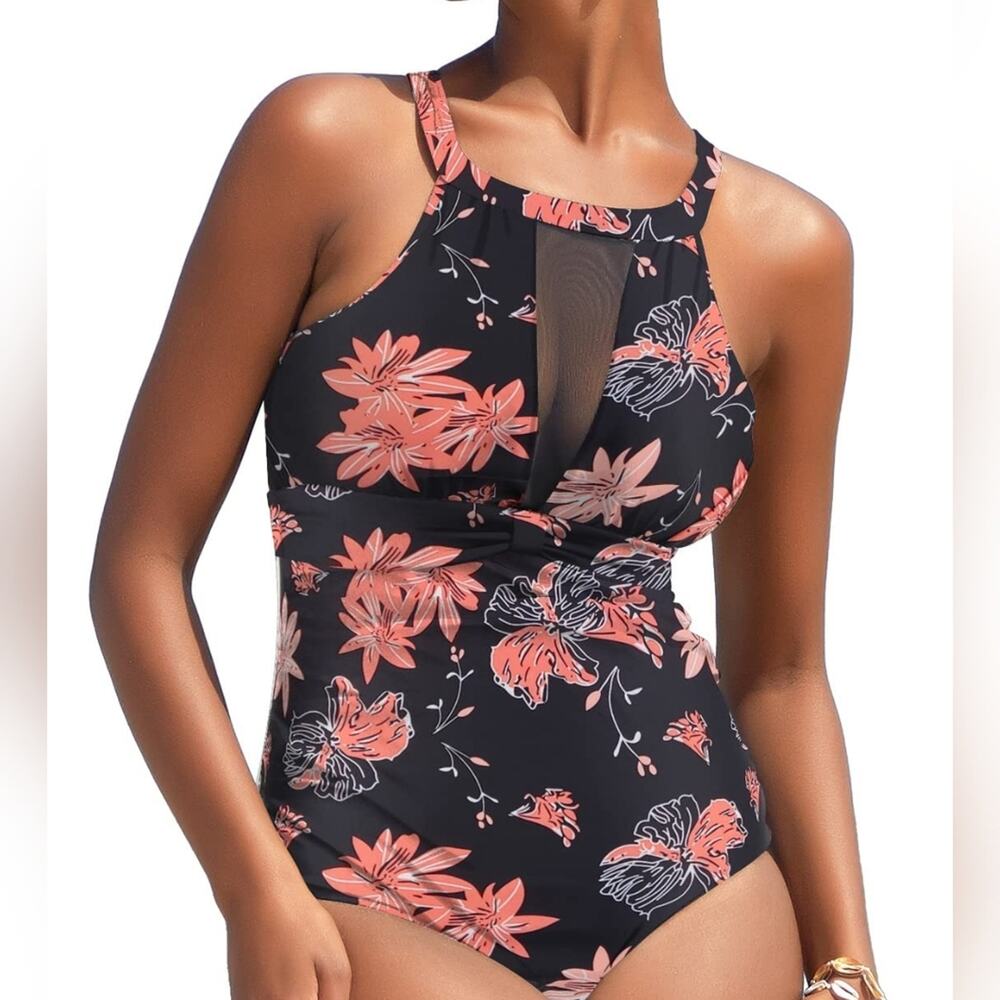 New One Piece Swimsuit‎ Floral Bathing Suit Mesh 496 Tummy Control Size L